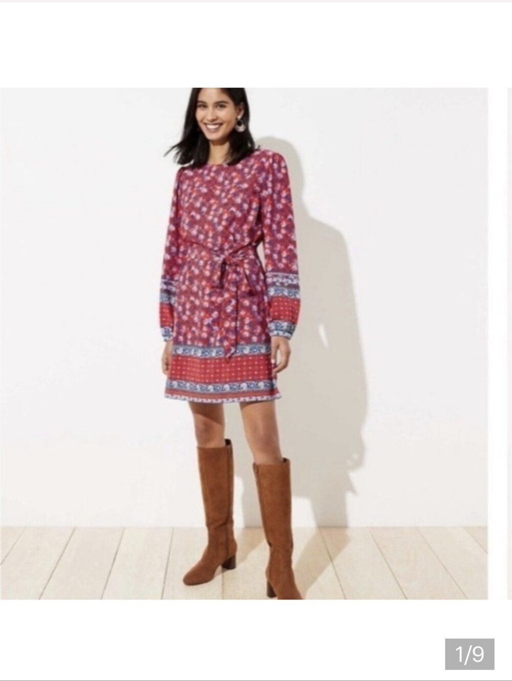 Loft Floral Red, White, & Blue Printed Long-Sleeve Belted Dress LP
